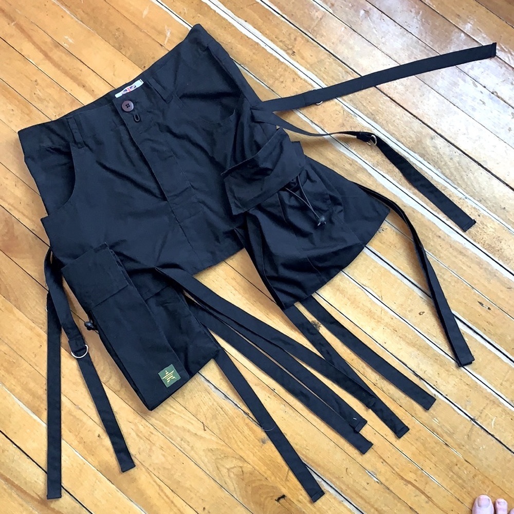 Black Cargo Pocket mini skirt with straps, cute military, cybergoth skirt 🤩